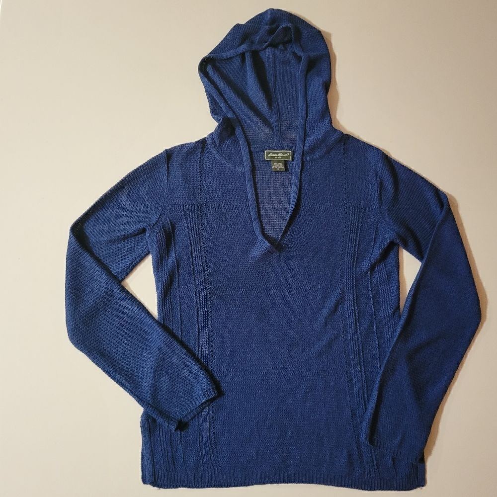 Eddie Bauer Women's Blue Knit V-neck Hooded Long Sleeve Sweater